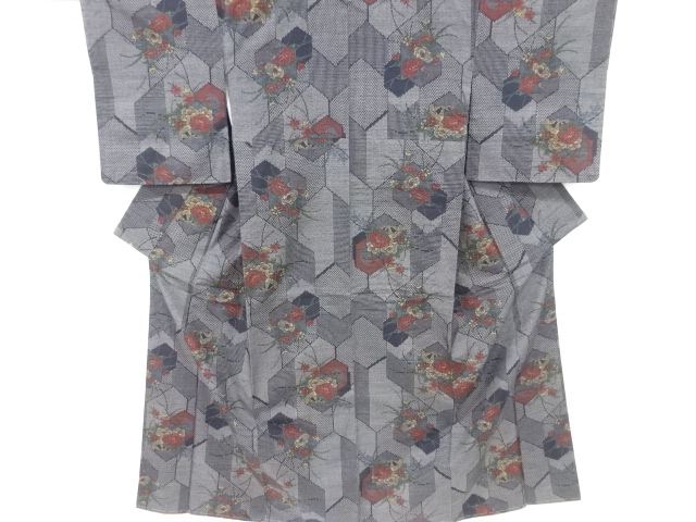 JAPANESE KIMONO / VINTAGE KIMONO / SILK / TOKAMACHI TSUMUGI / WOVEN PEONY & KIKKO